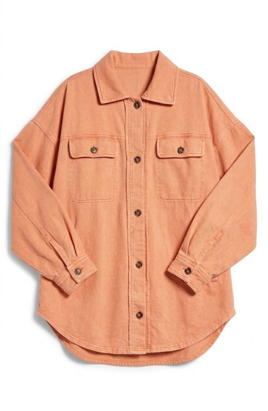 B1028. BiBi Peach Denim Oversized Washed Button Down Shacket NWT
